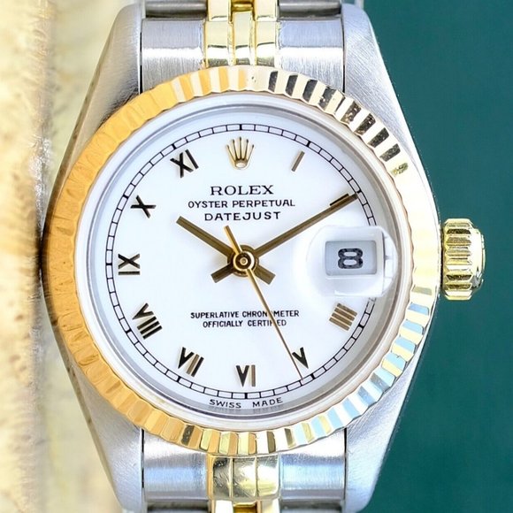 ROLEX DATEJUST WHITE ROMAN DIAL 18K GOLD FLUTED JUBILEE TWOTONE WATCH 26MM 69173 - Picture 1 of 13